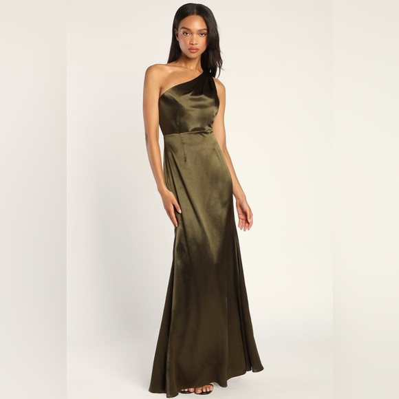Lulus On the Guest List Olive Green Satin One-Shoulder Maxi Dress - Picture 1 of 14